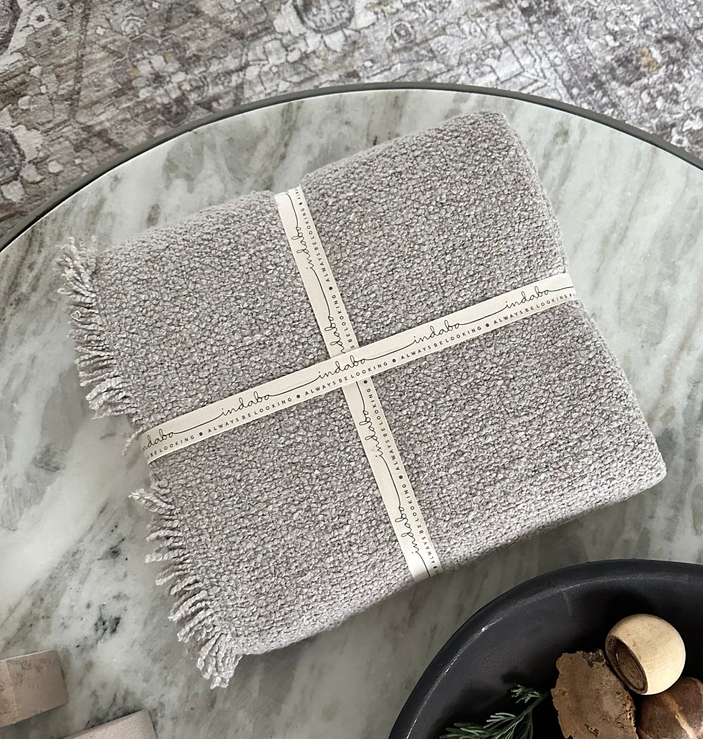 Fringed Boucle Throw Blanket Grey