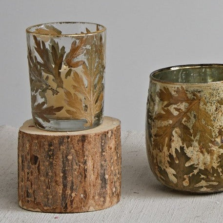 Glass Tealight Holder w/ Natural Oak Leaves