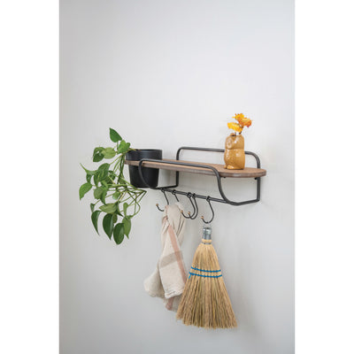 Metal and MDF Wall Shelf with Planter and 5 Hooks