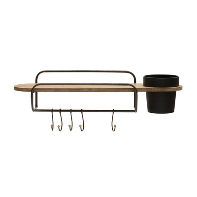 Metal and MDF Wall Shelf with Planter and 5 Hooks