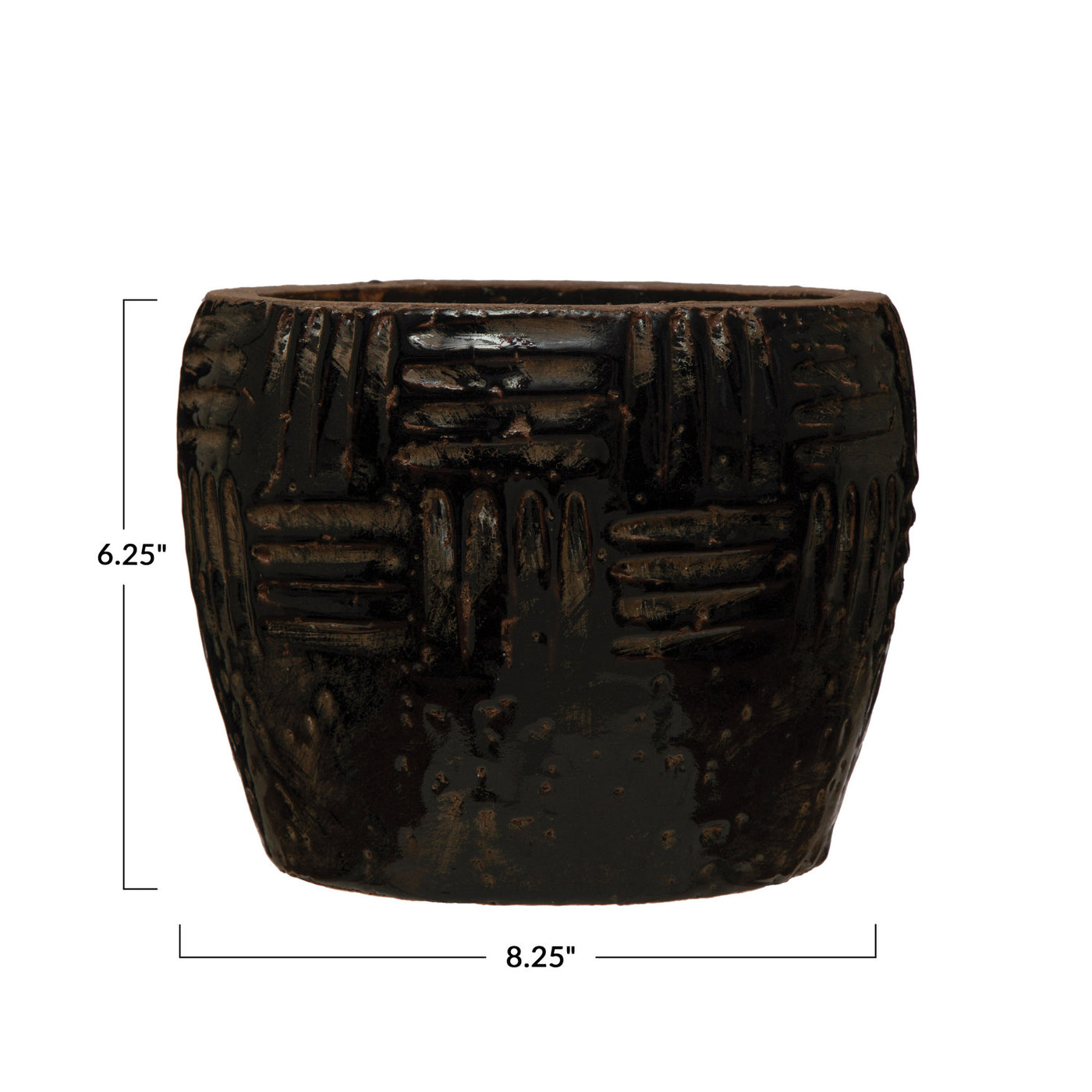 Embossed Terracotta Planter, Crackle Finish, Distressed Black (Each One Will Vary)