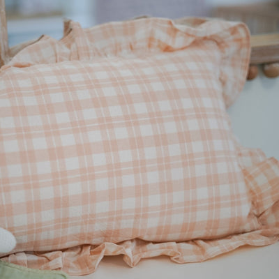 Cotton Lumbar Plaid Pillow with Ruffle