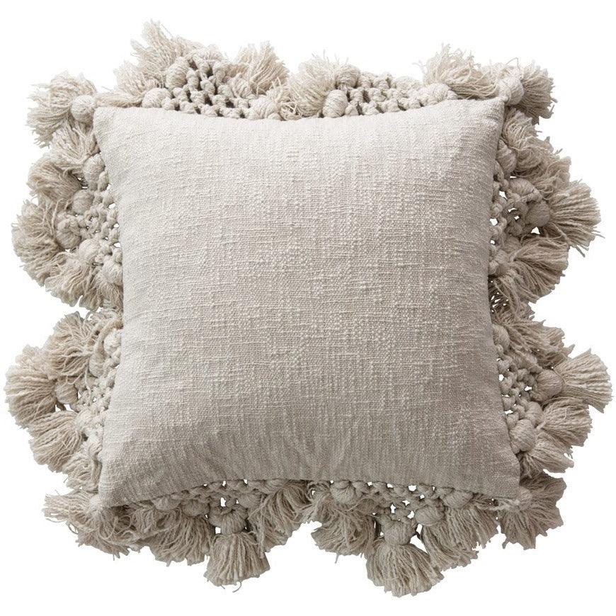18" Cream Boho Cotton Slub Pillow w/ Crochet & Tassels - Birch and Bind