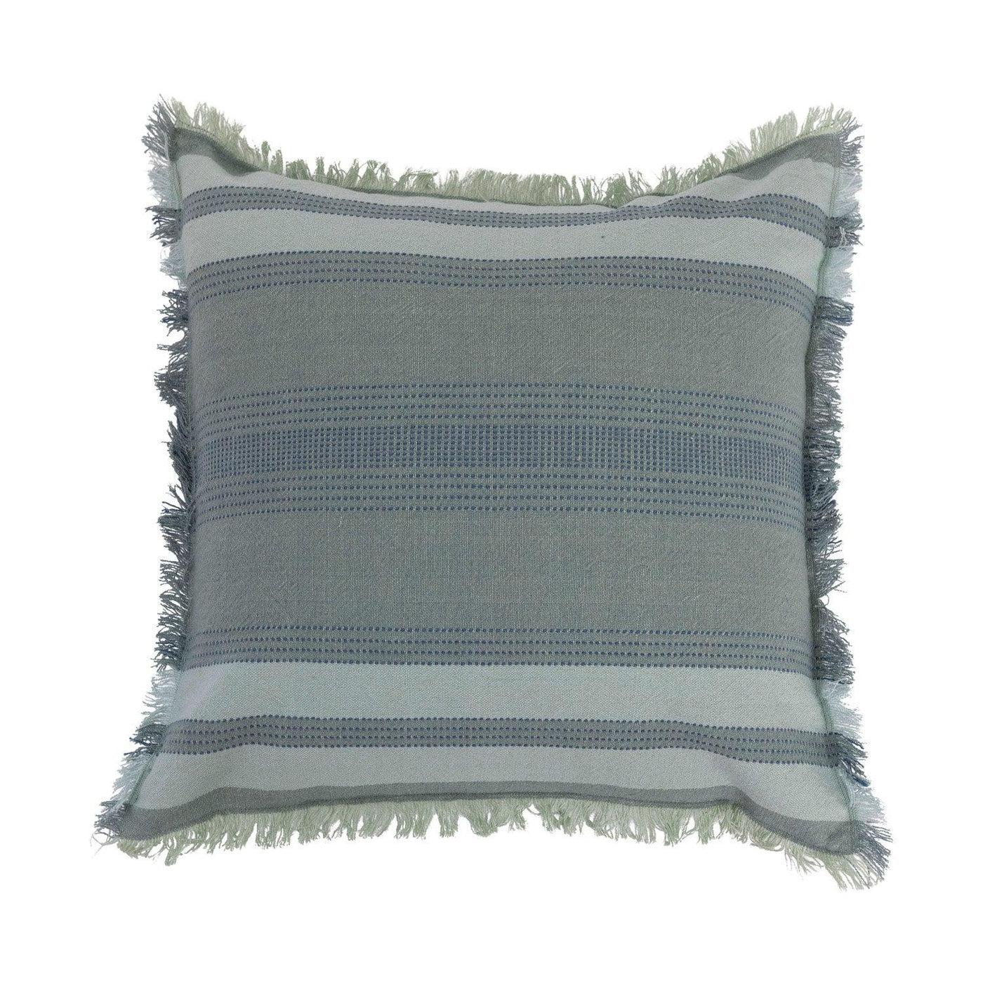 18" Blue & Green Striped Woven Cotton Pillow w/ Eyelash Fringe - Birch and Bind
