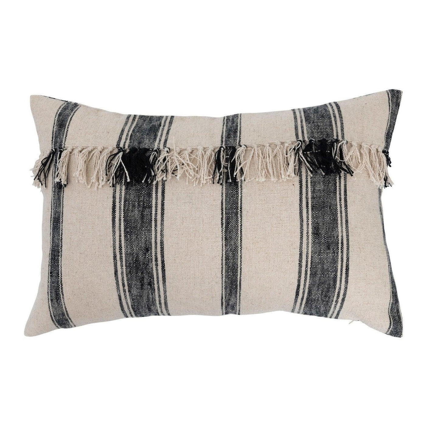 Black & Cream Woven Cotton Lumbar Pillow W/ Fringe - Birch and Bind